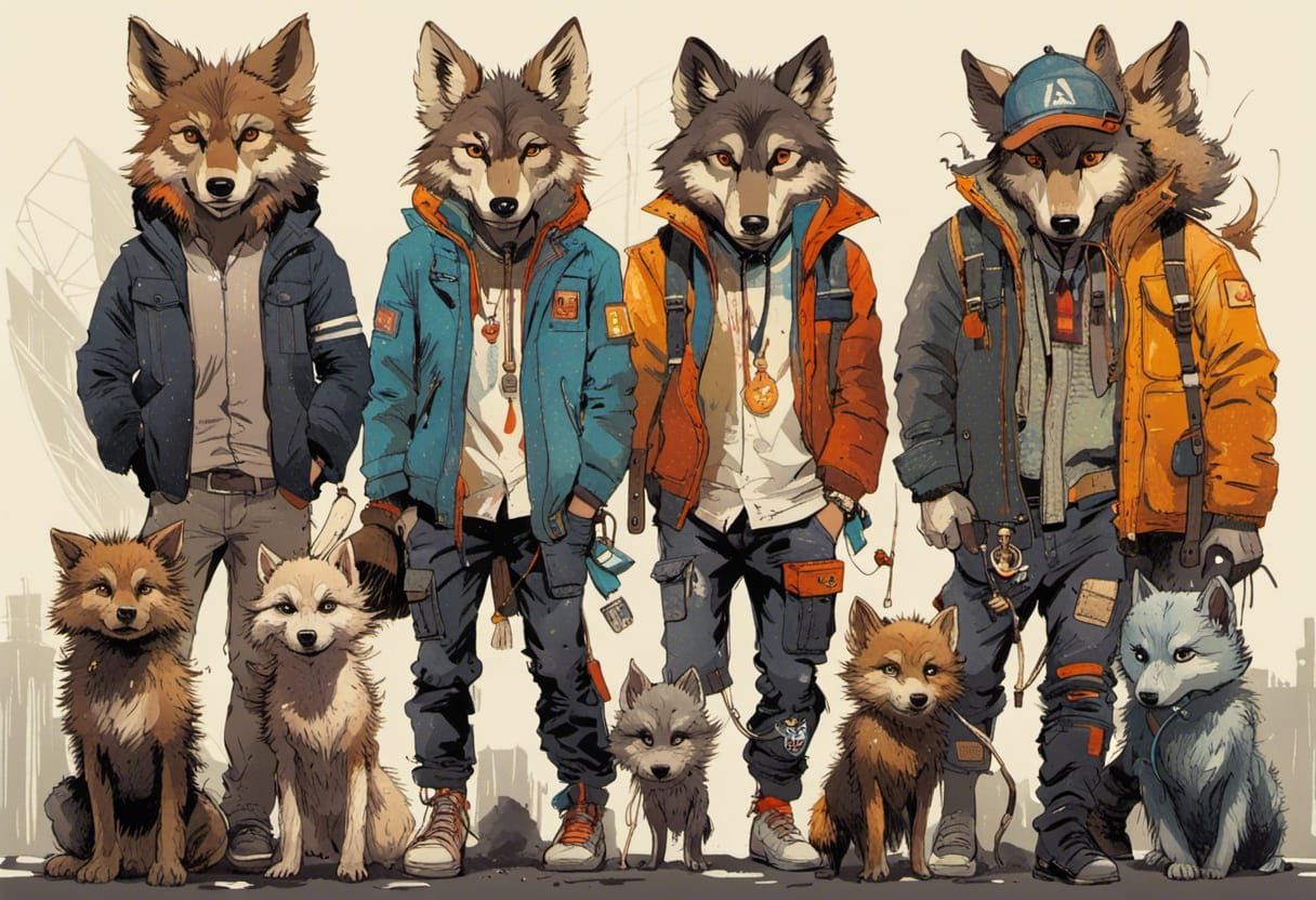 Anthropomorphic Wolf Pack in Urban Anime Style
