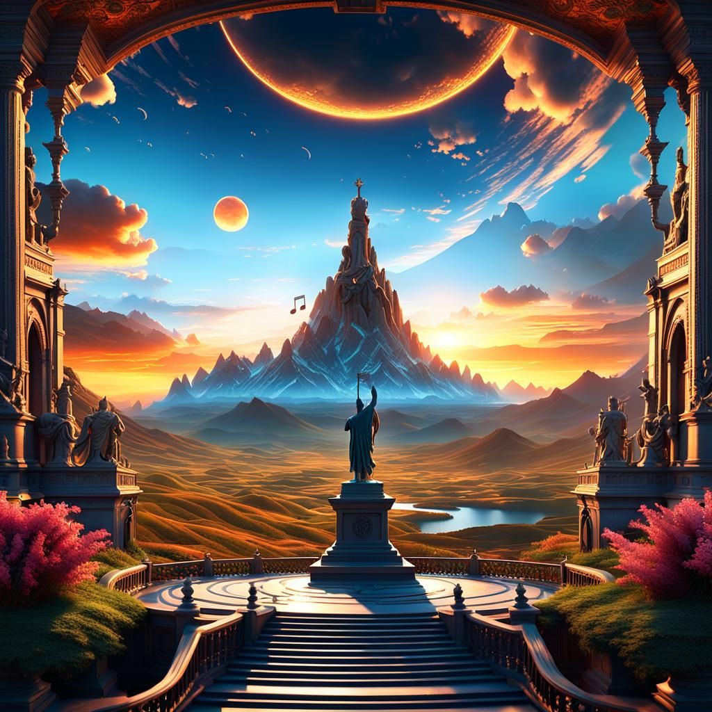 Surreal Sunset: Musical Note Mountain in Epic Vision