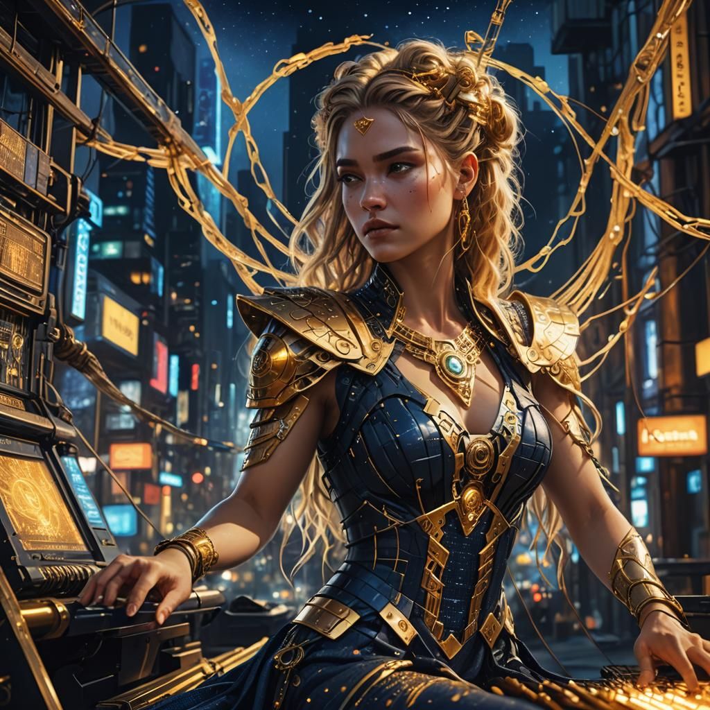 Goddess Weaving Loom in Cyberpunk City at Night