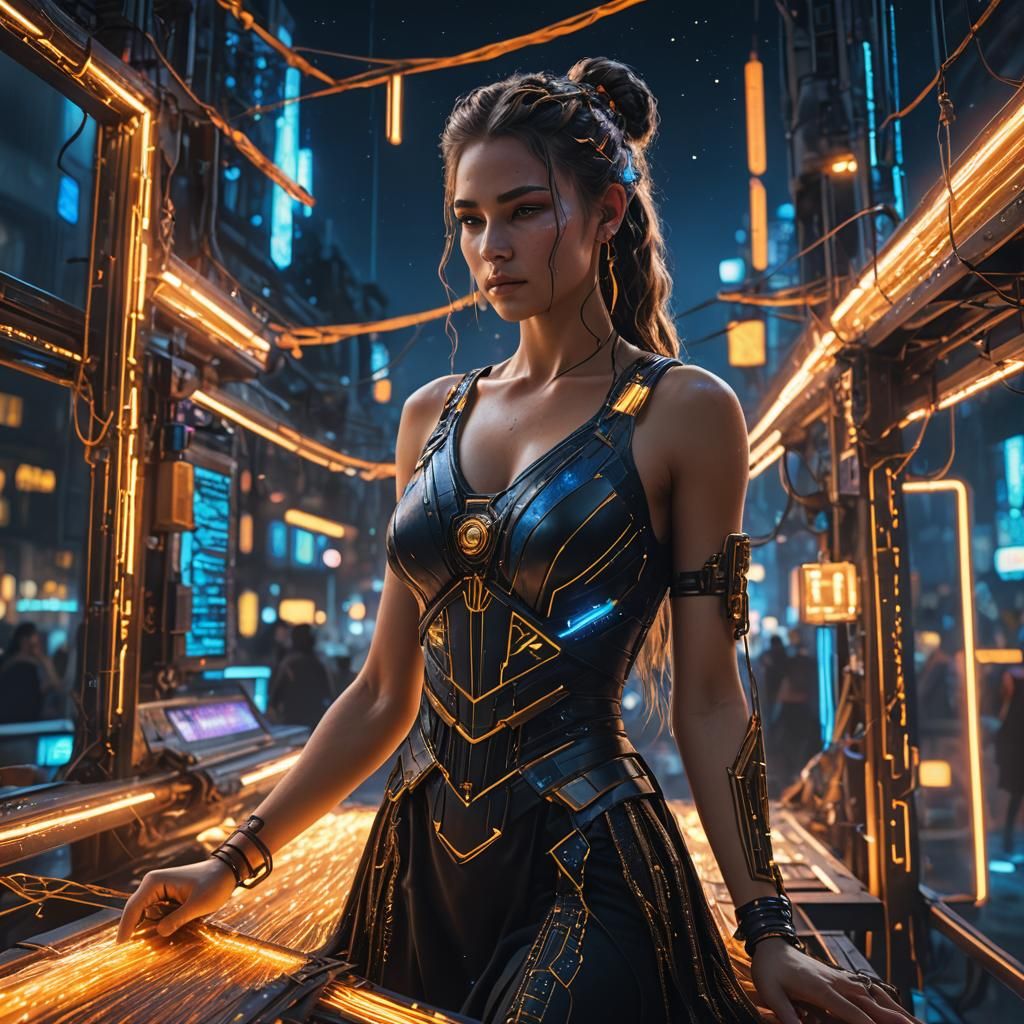 Goddess at Loom in Cyberpunk City