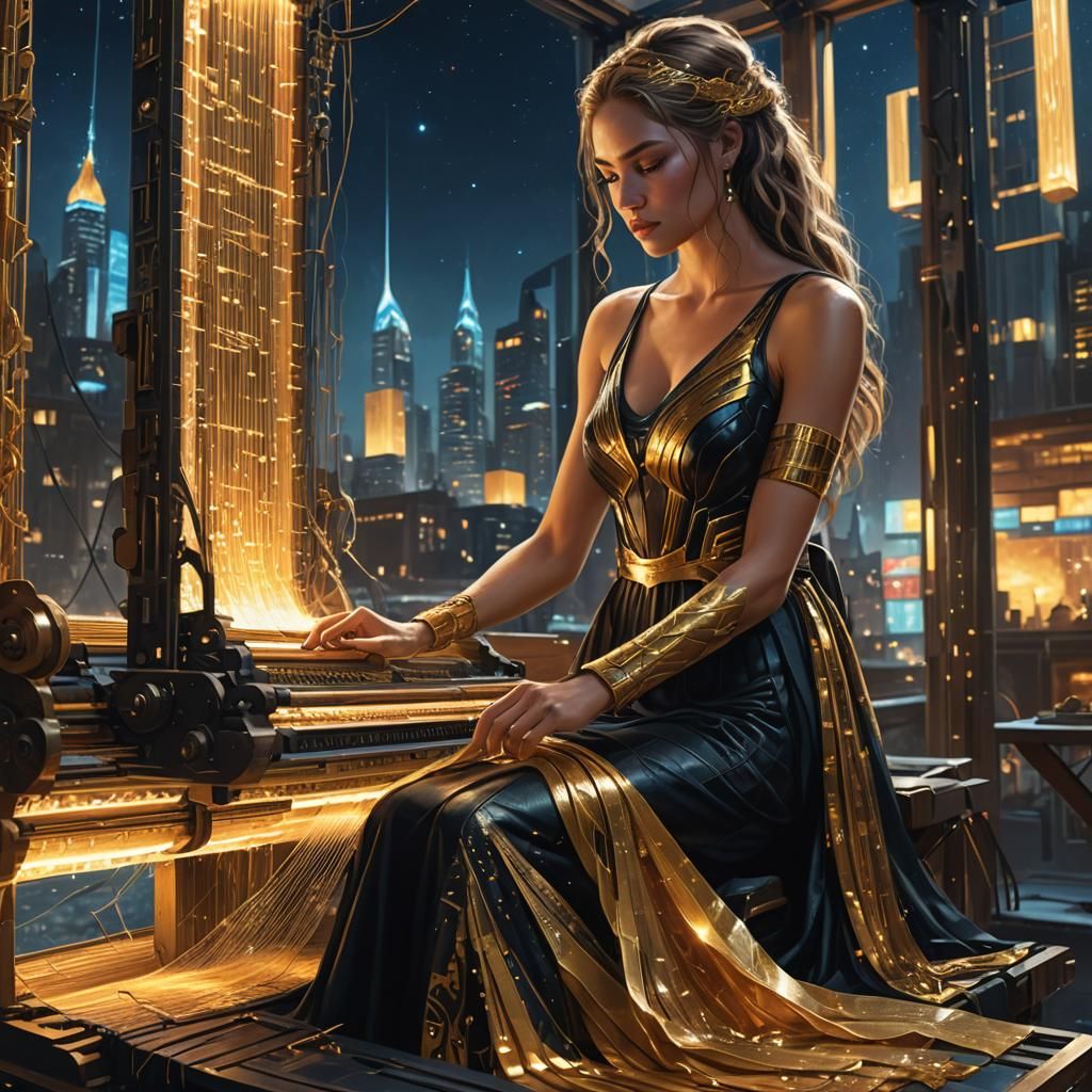 Goddess Weaving Loom in Futuristic Cityscape