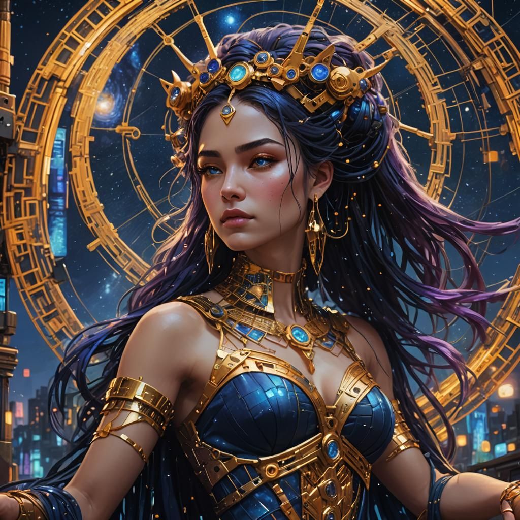 Goddess Weaving Loom in Cyberpunk City