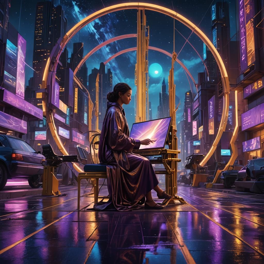 Goddess at Loom in Futuristic Cityscape