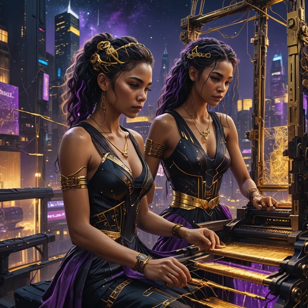 Goddess Weaving Fate in Cyberpunk Cityscape