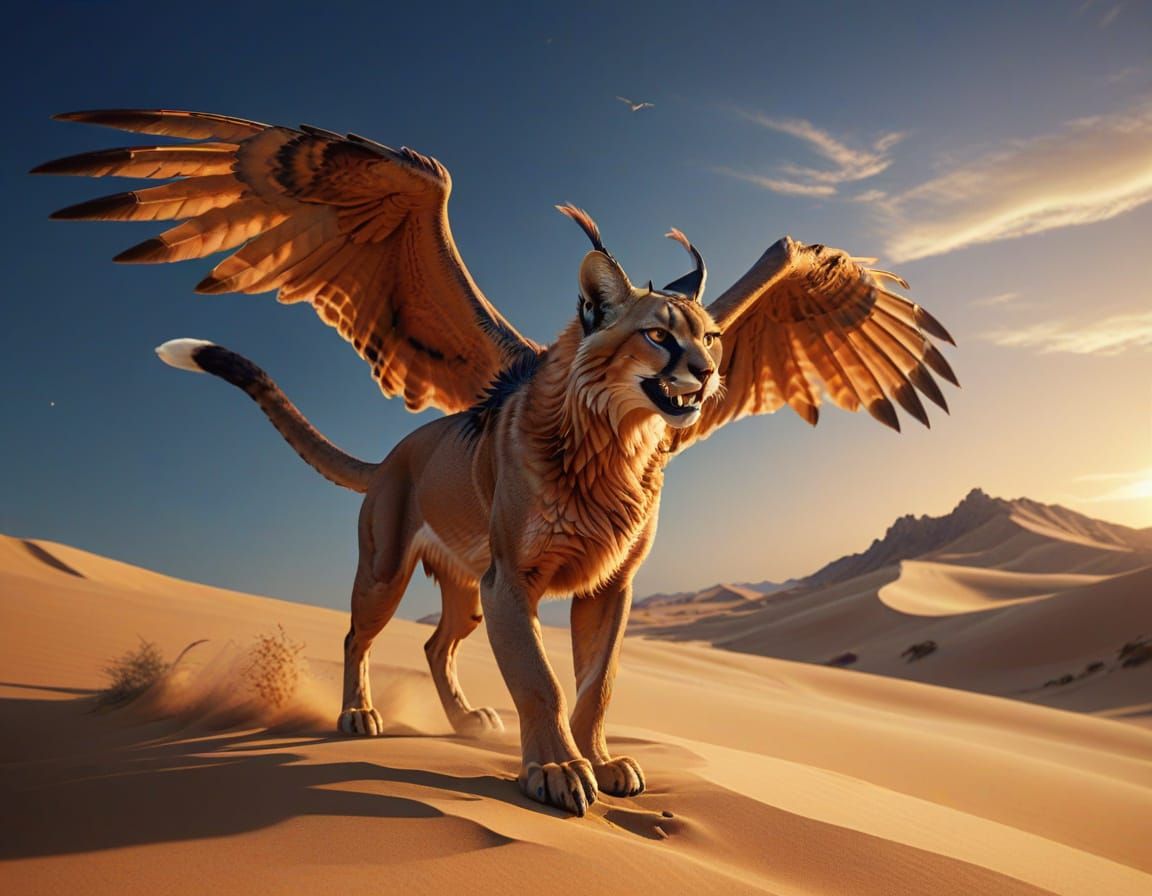 Caracal-Eagle Chimera Flies Over Desert: Digital Art