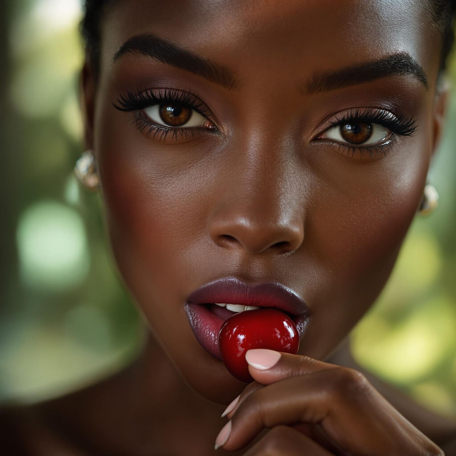 Sensual Woman Savoring Cherry in Natural Light