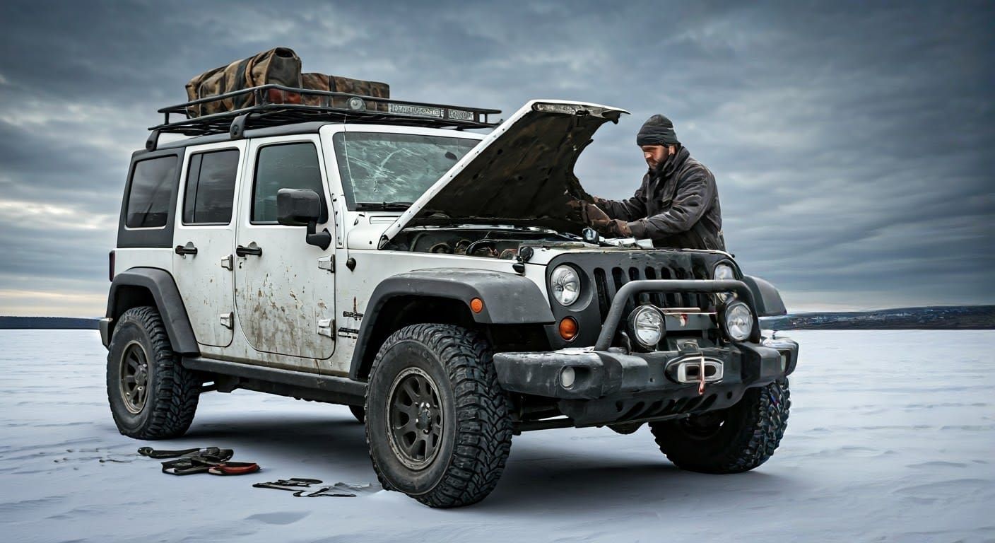 Mechanic Repairs Jeep in Bleak Quebec Winter