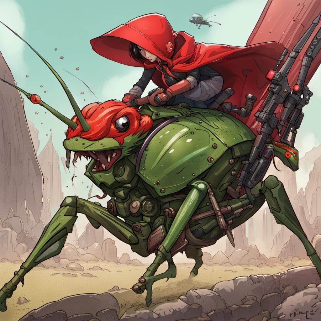 Woman Rides Giant Grasshopper with High-Tech Weapons