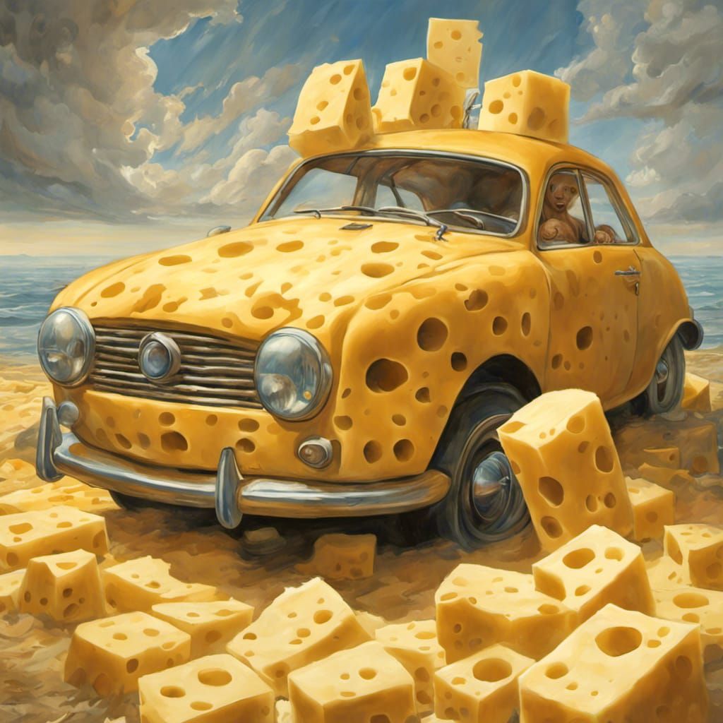 Surreal Cheese Car with Mouse Passenger