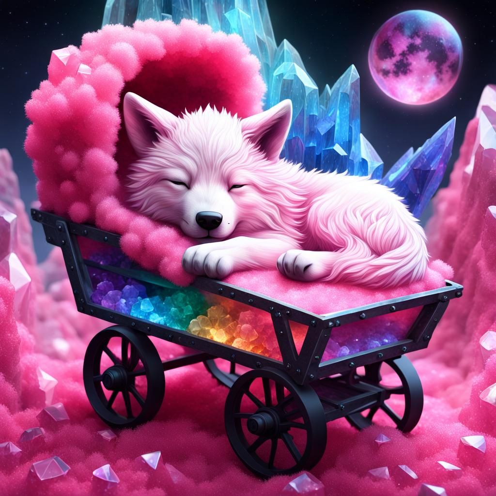 Rainbow Crystal Wolf and Cub in Mine Cart