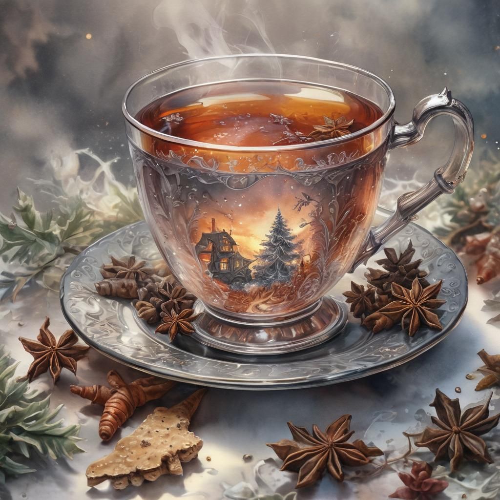Christmas Spice Tea in Crystal Teacup, Watercolor