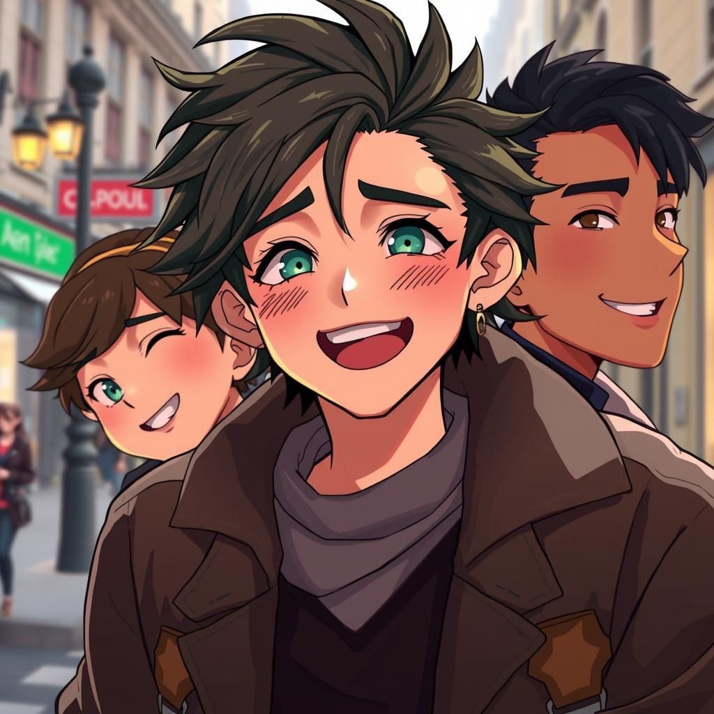 Anime Character Portrait with Green Eyes on City Street