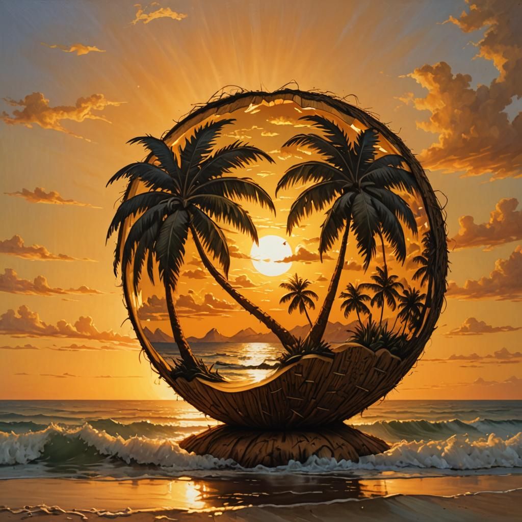 Tropical Palm Tree Scene Carved in Coconut