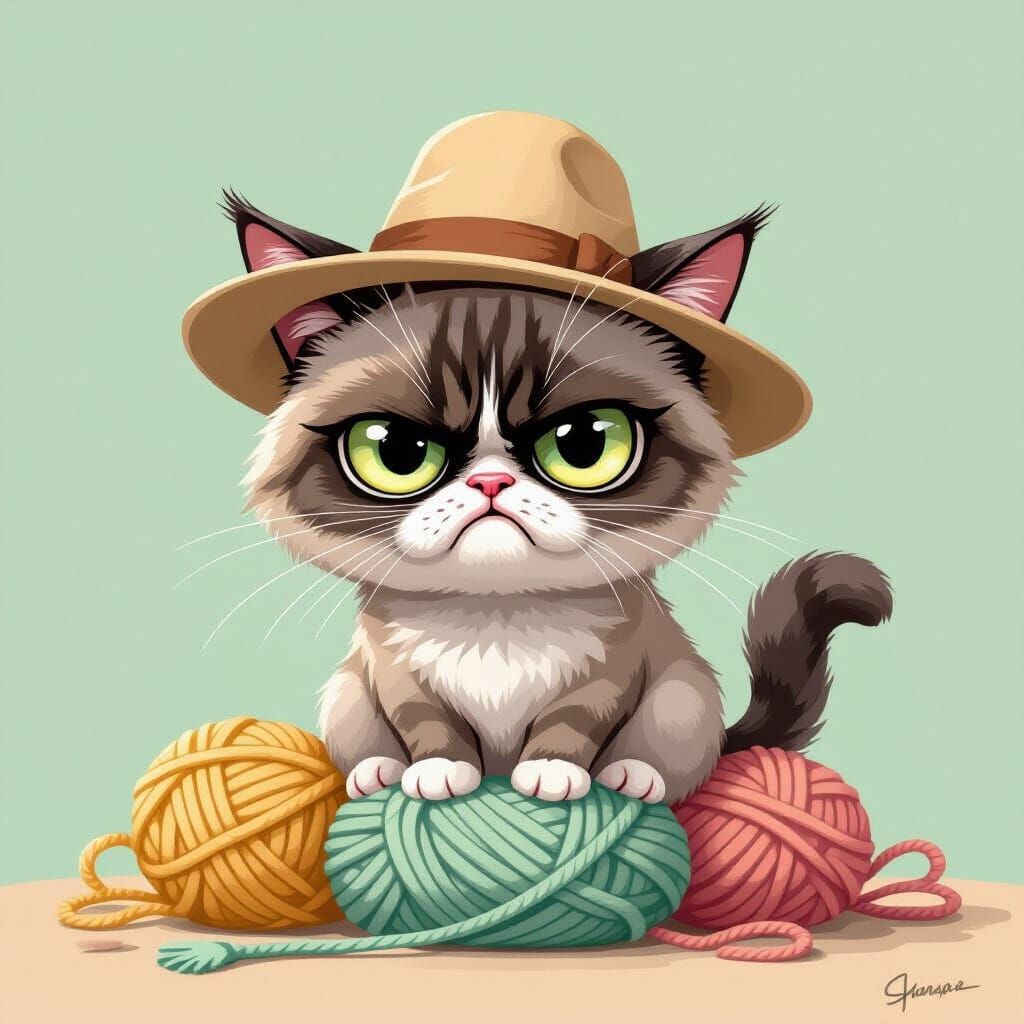 Grumpy Cat Caricature on Yarn Pile in Whimsical Style