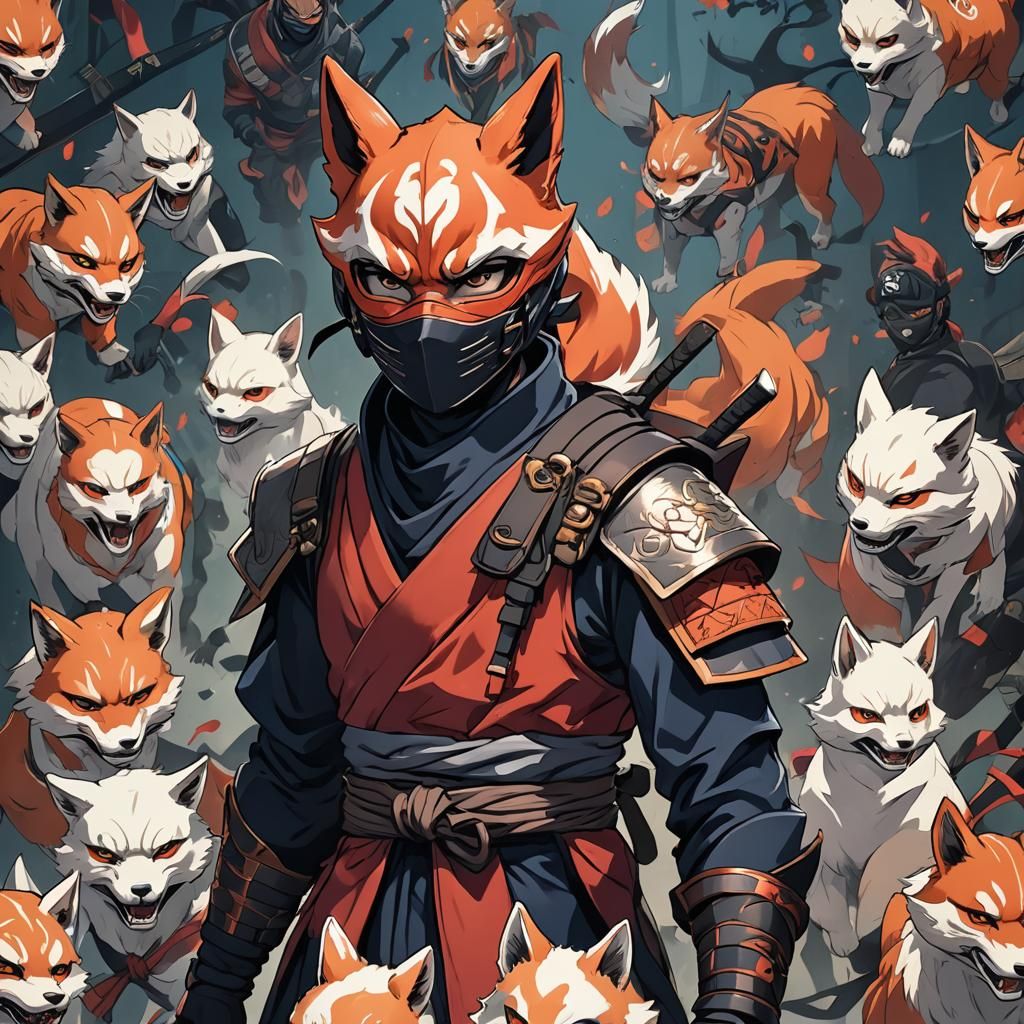 Ninja with Kitsune Mask in Anime Style
