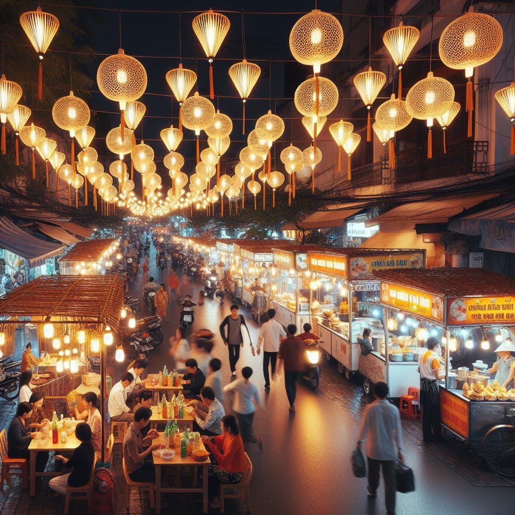 Bustling Vietnamese Street at Night with Bamboo Lights