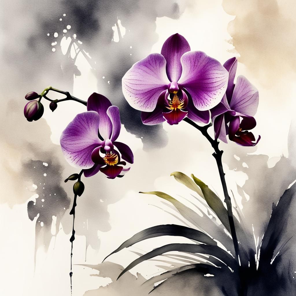 Orchid in Muted Chinese Ink Painting Style