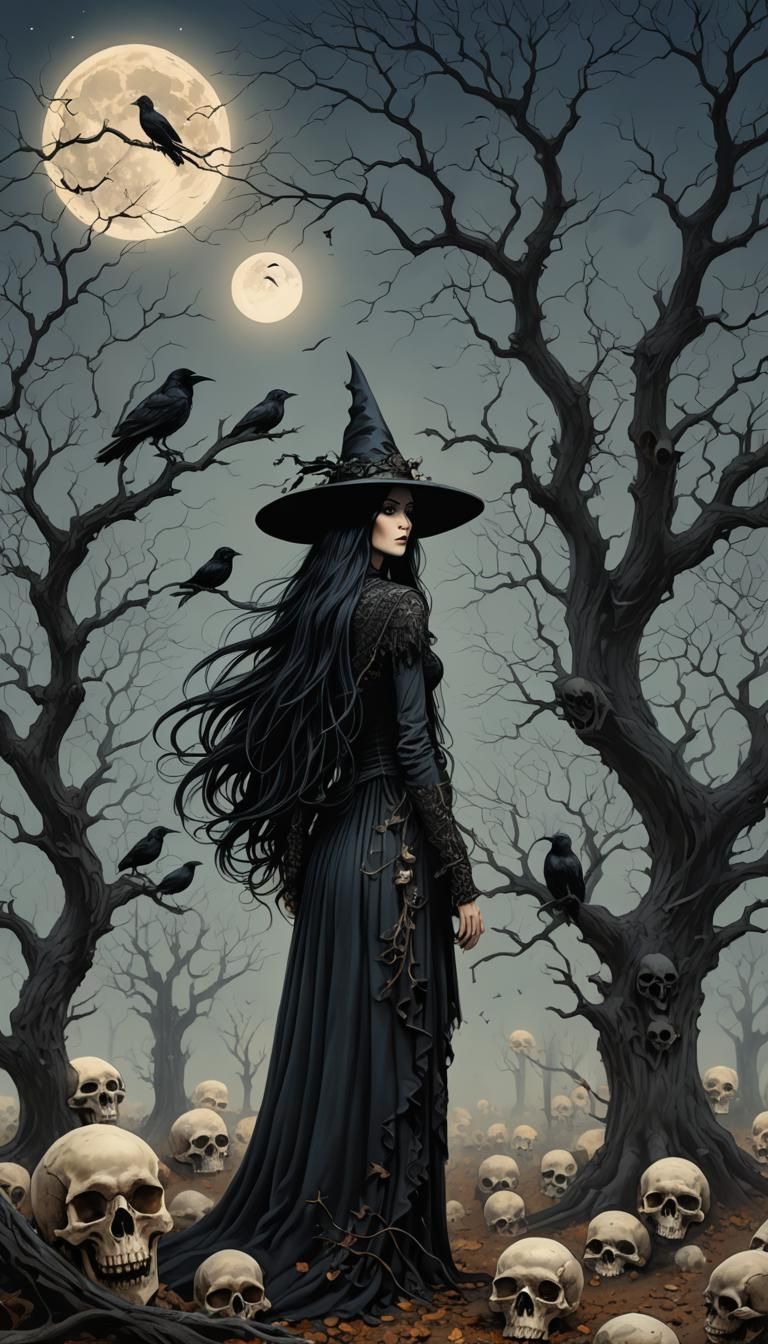 Witch and Skull Tree in Art Deco Style