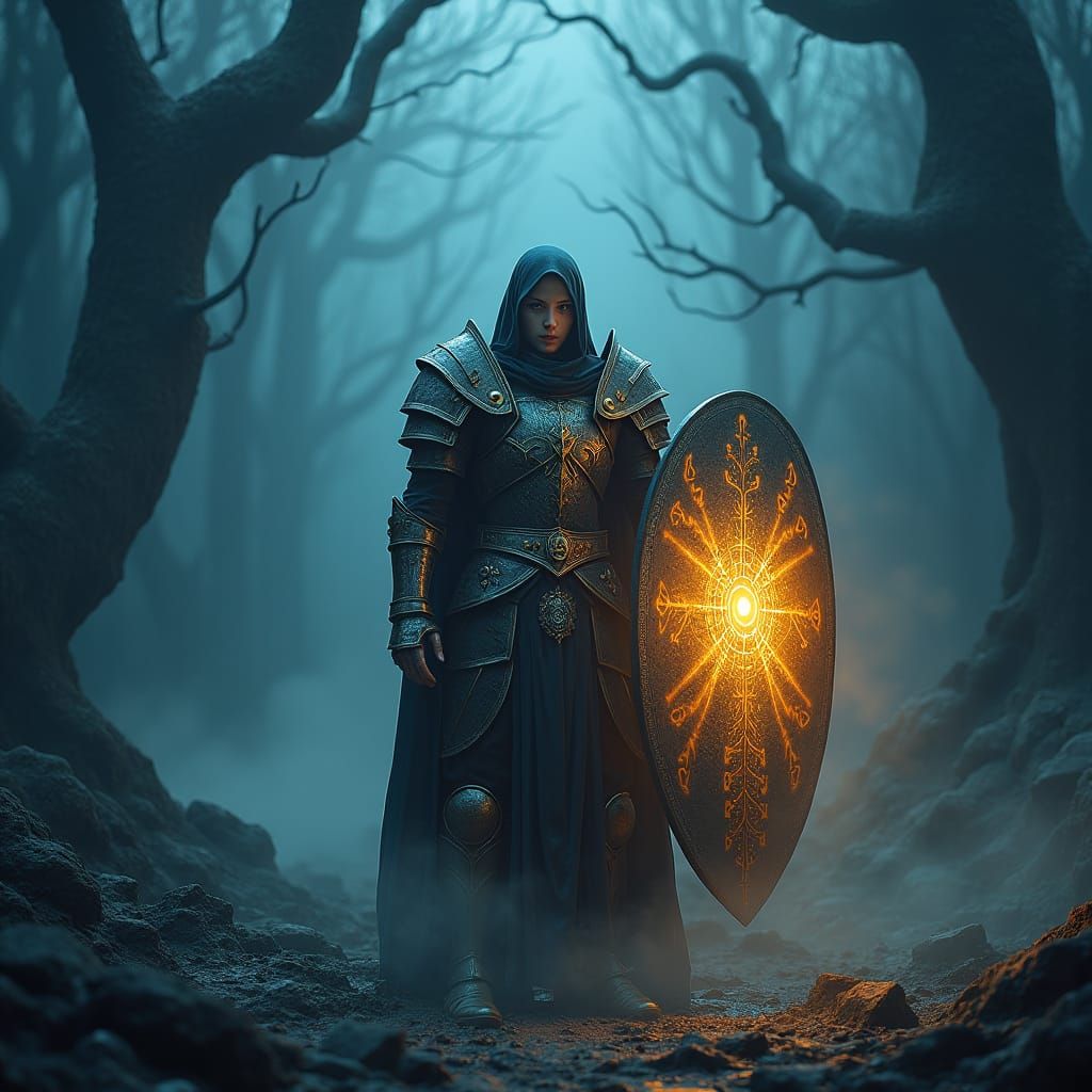 Warrior Shielding Light Against Darkness in Fantasy Landscap...