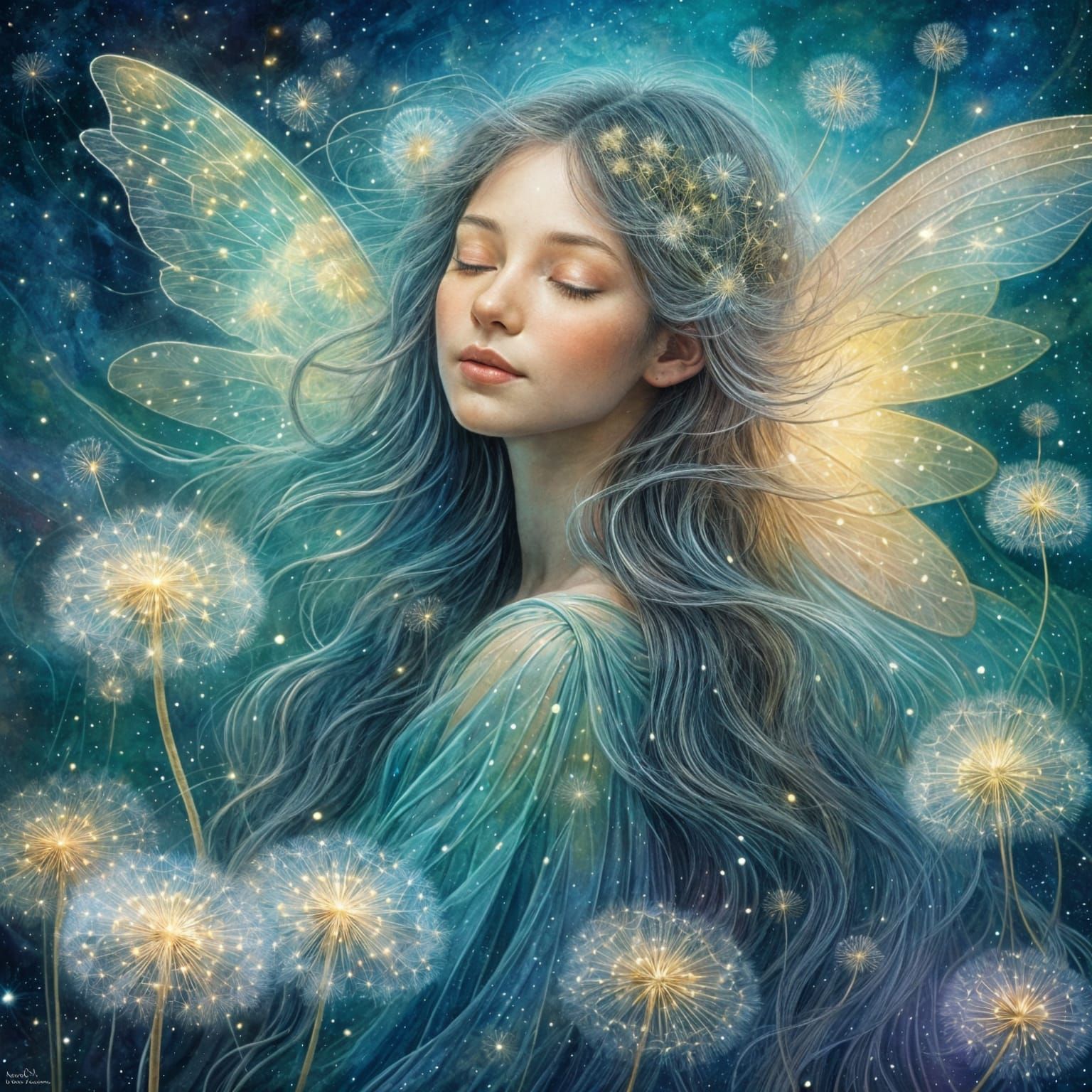 Dreamlike Fairy with Dandelions in Watercolor Style
