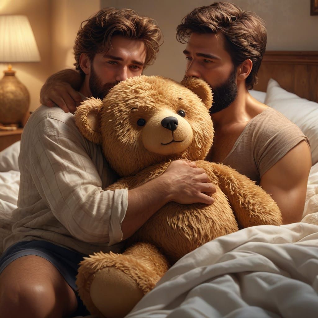 Men Embrace Teddy Bear: Vivid Digital Oil Painting