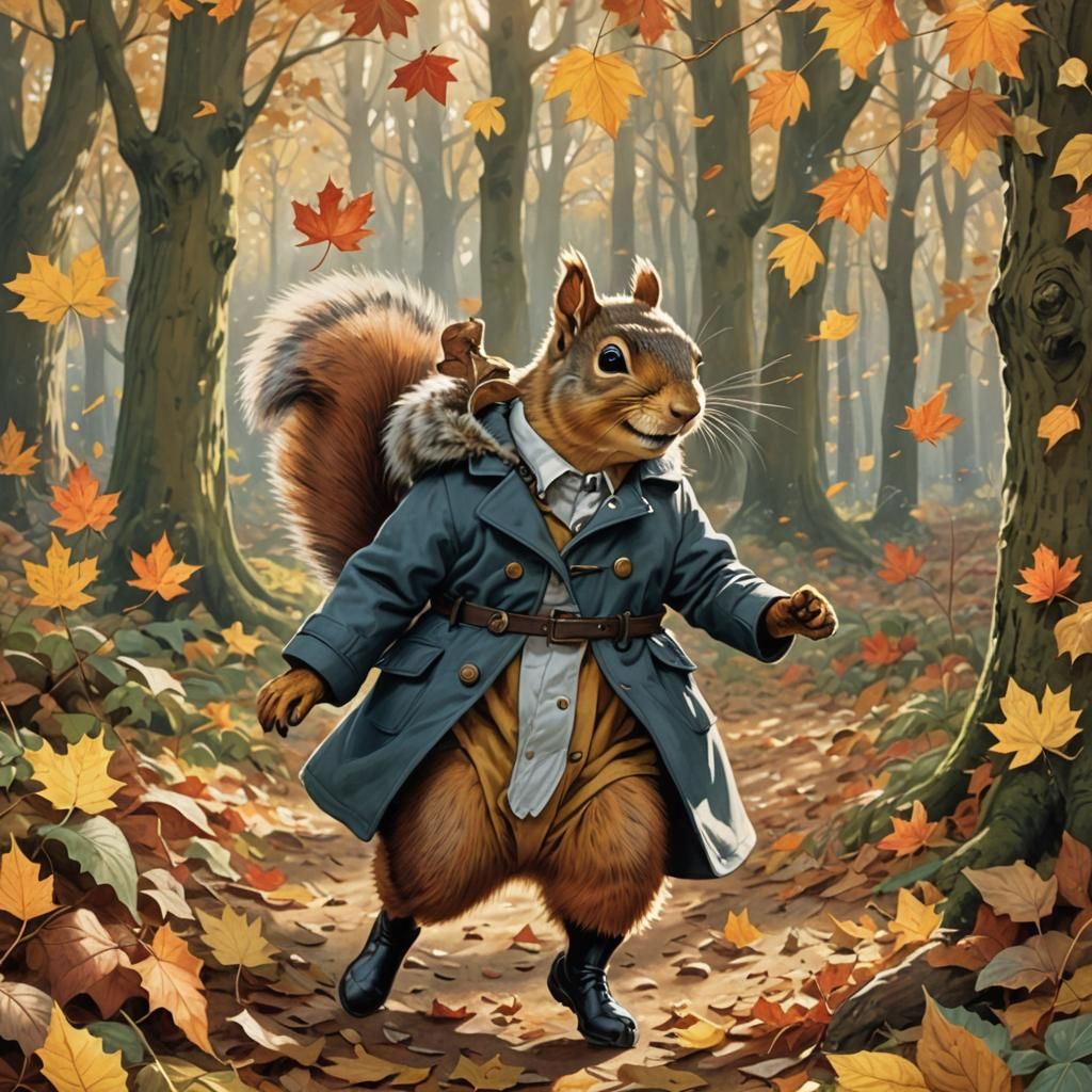 Squirrel in Boots Kicking Autumn Leaves, Tenniel Style