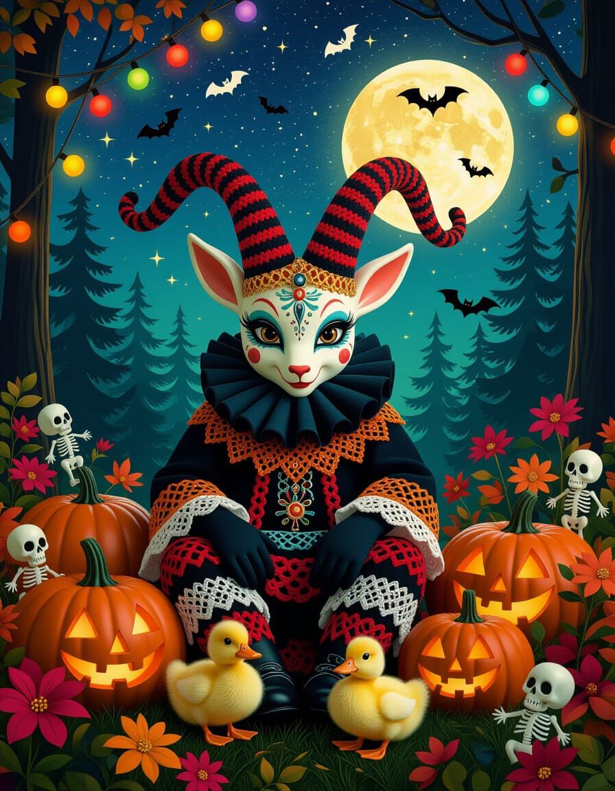 Krampus in Forest with Halloween Decorations, Klimt Style