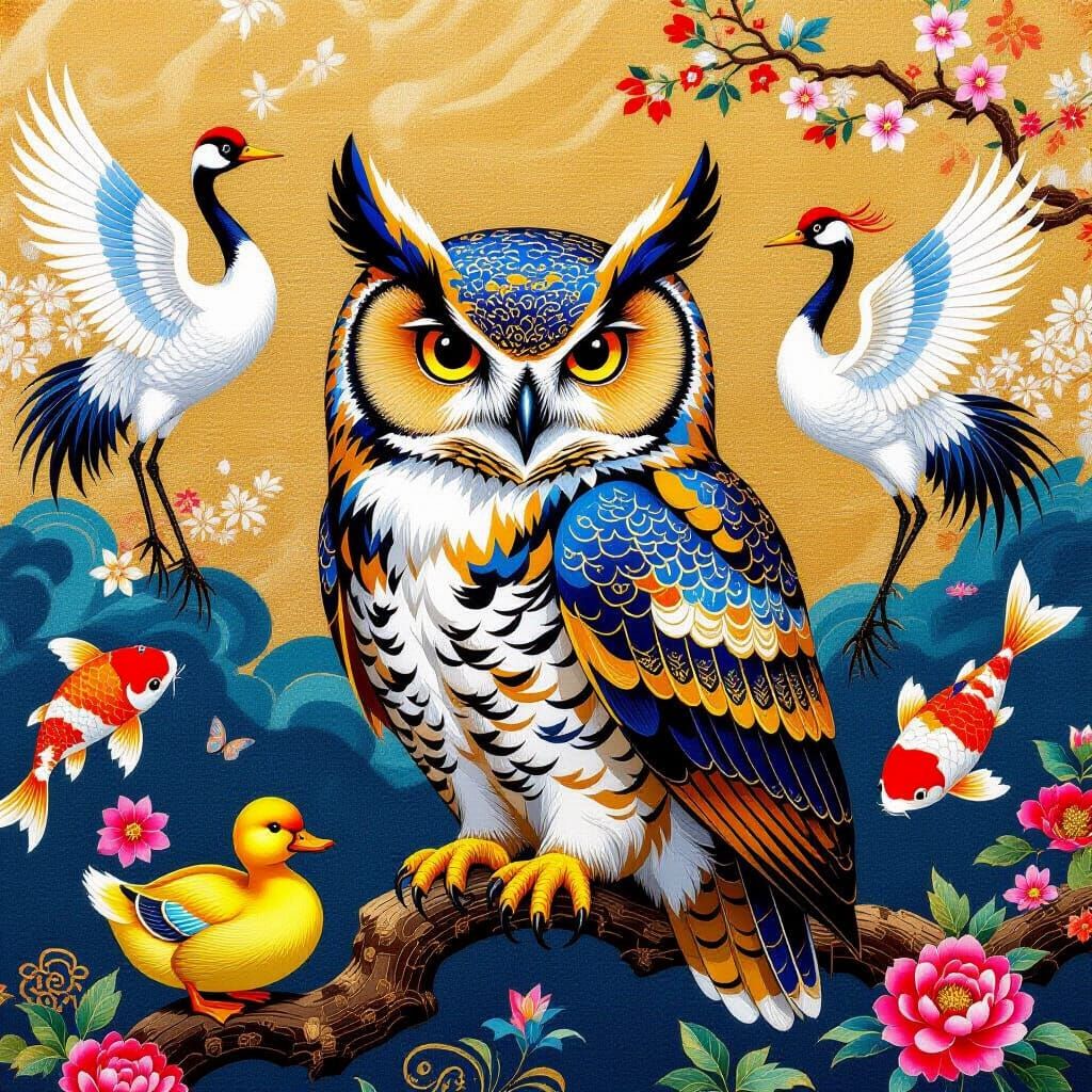 Majestic Owl Woven into Silk Tapestry with Cranes and Koi