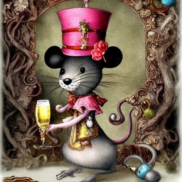sweet mouse with hat drinking champagne