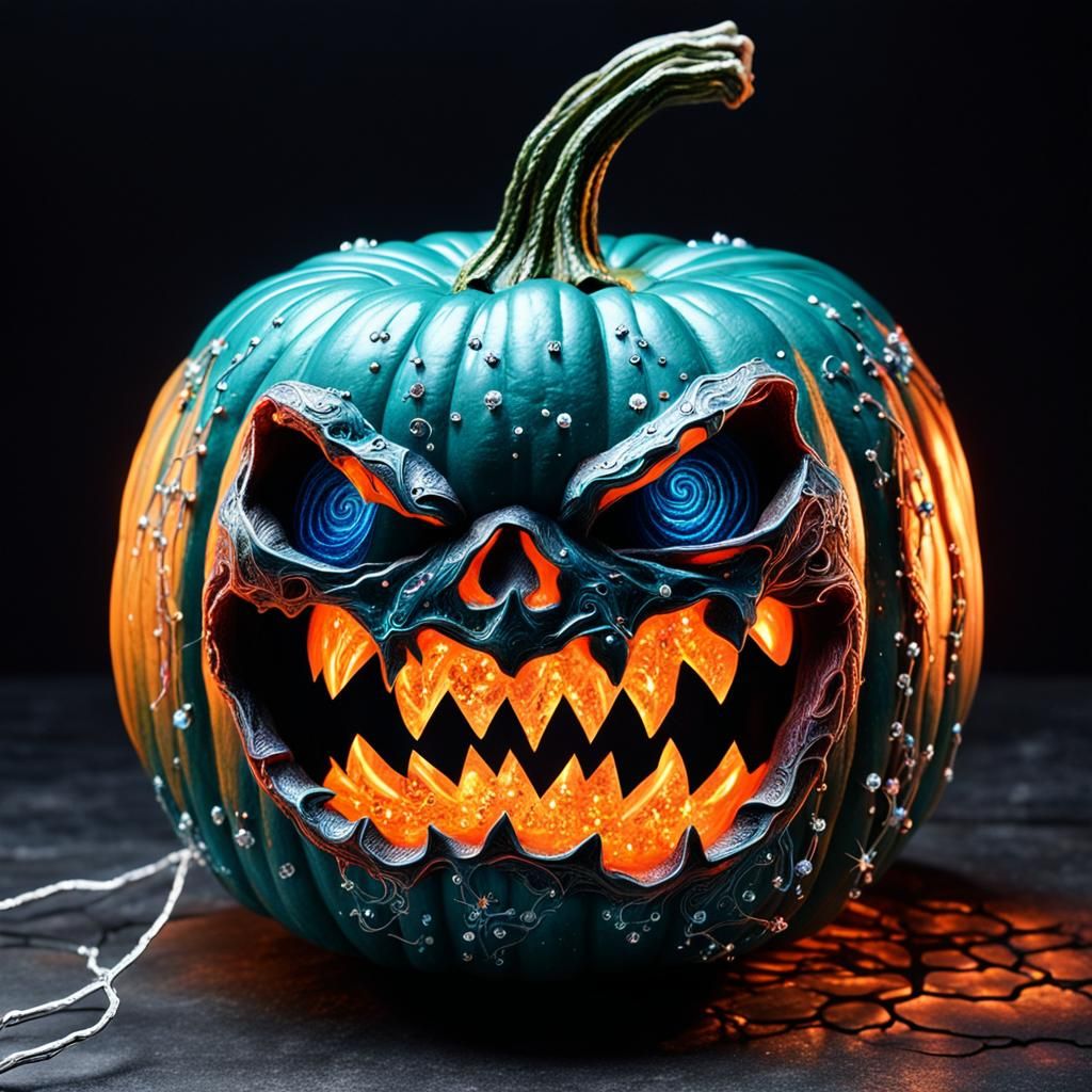 Diabolical Malevolent Encaustic neon pumpkin spewing sparkly...