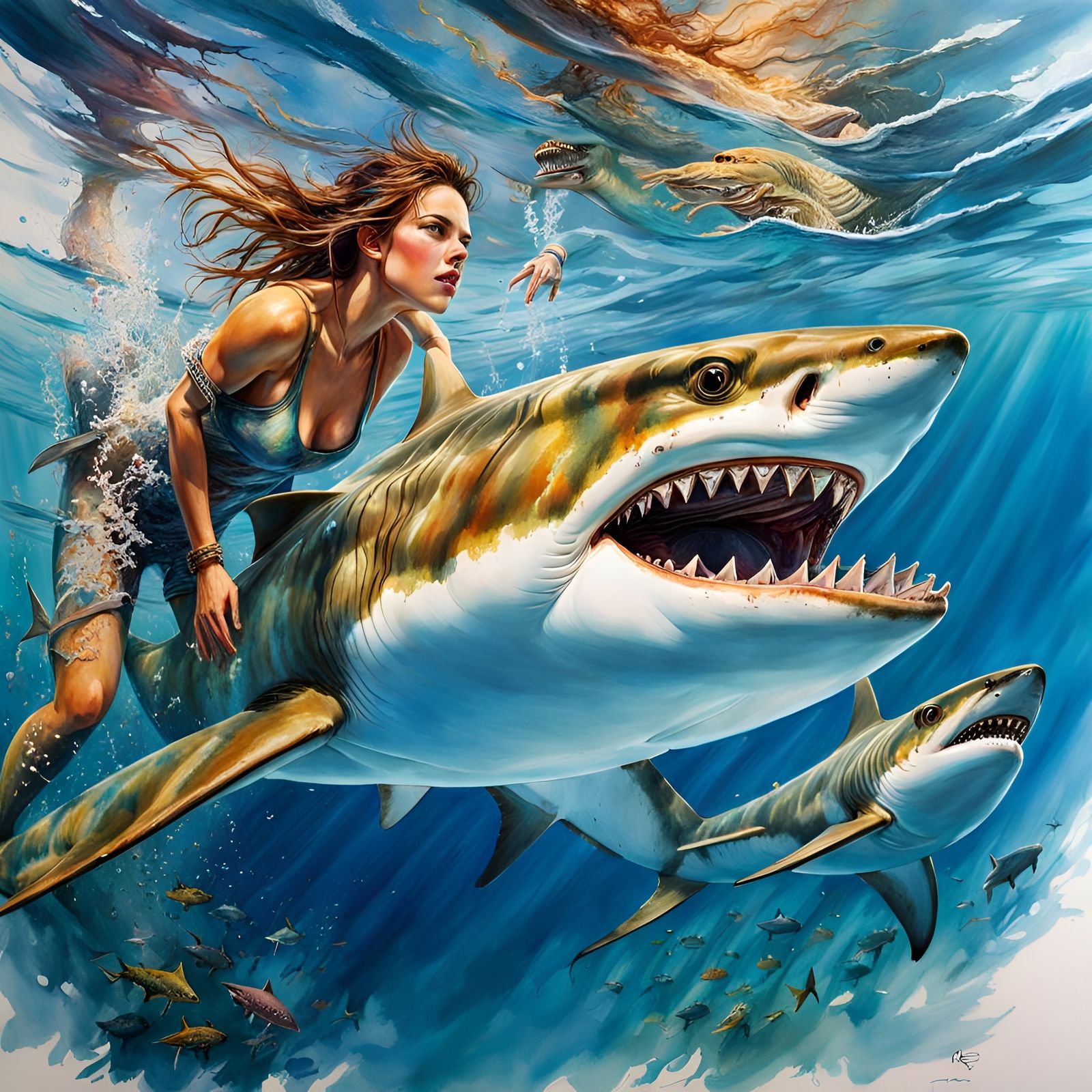 Hyperrealistic Sharks in Ocean: Watercolor Action Painting