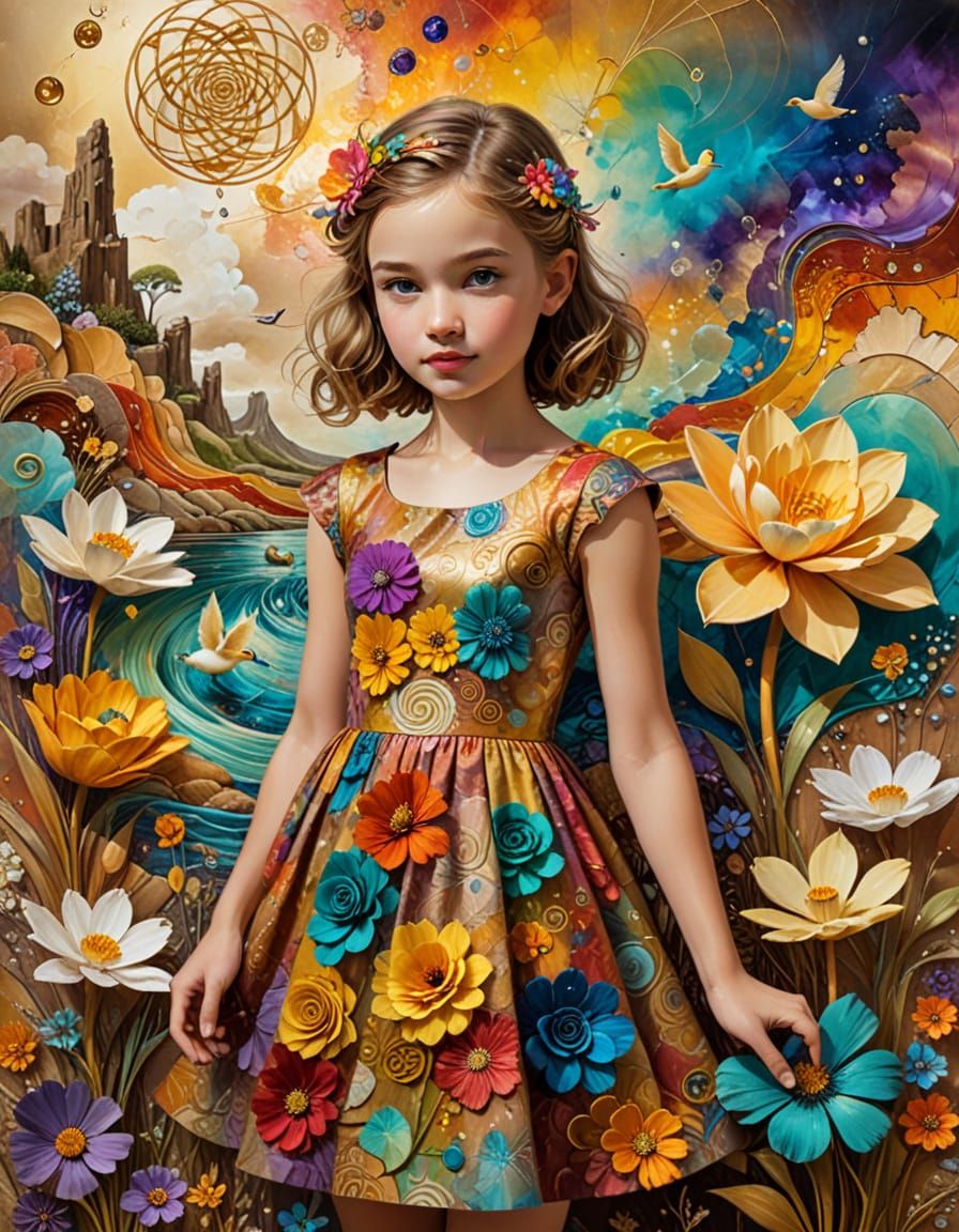 Girl in Rainbow Dress with Duckling, Surrealist Mixed Media