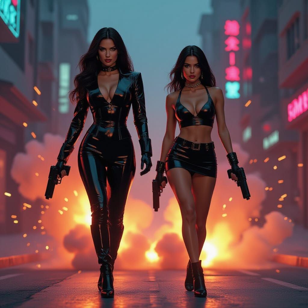 Cyberpunk Women Bursting from Explosion