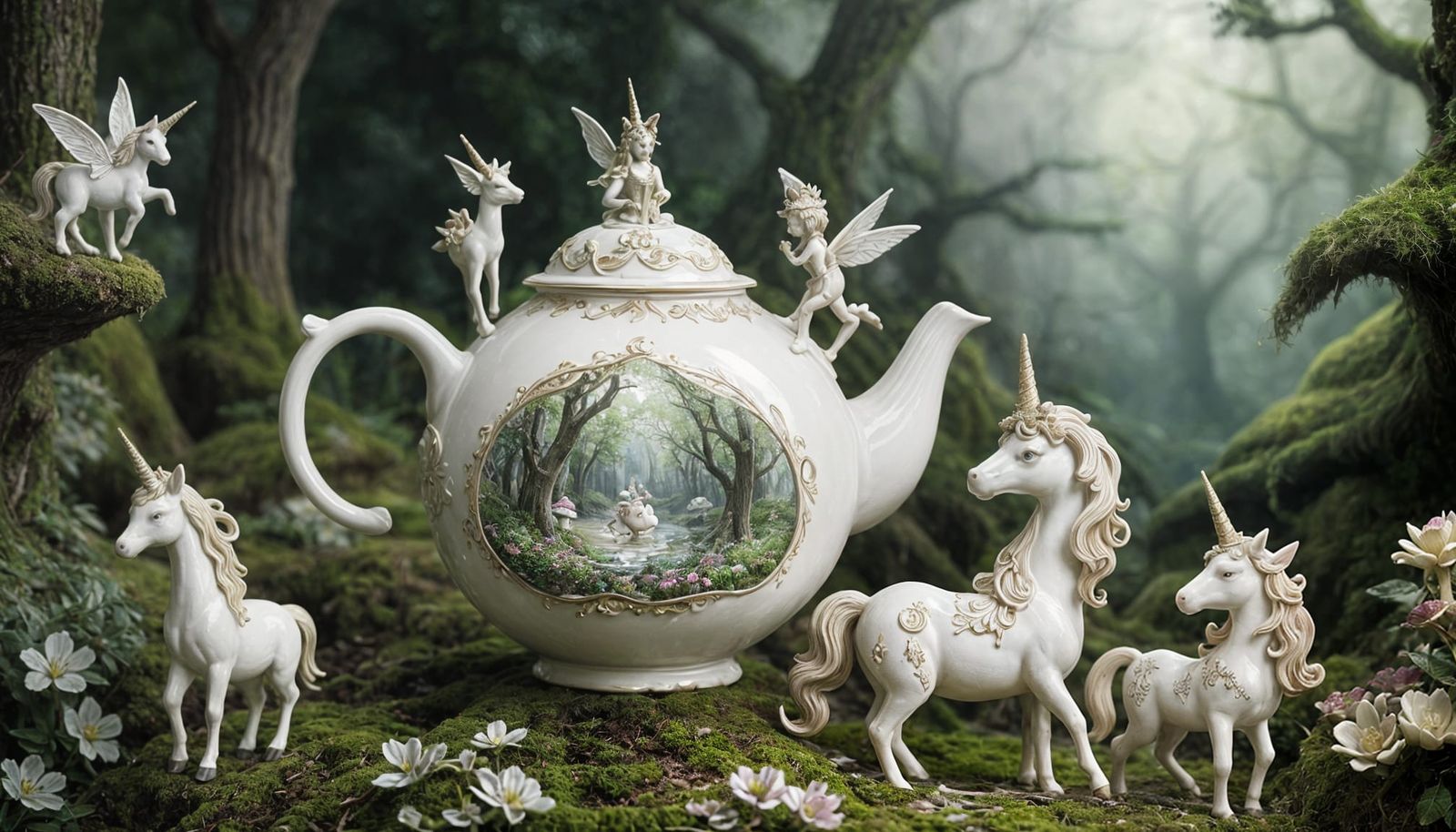 Enchanted Forest Teapot: Tiny Fairies and Unicorn Art