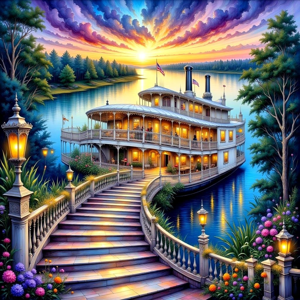 Showboat on the River as Impasto Painting