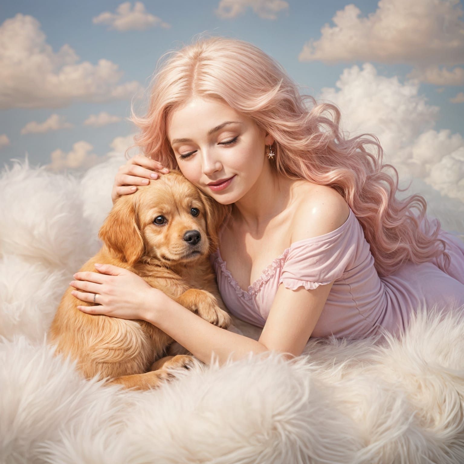 Ethereal Pink-Haired Goddess with Puppy on Cloud