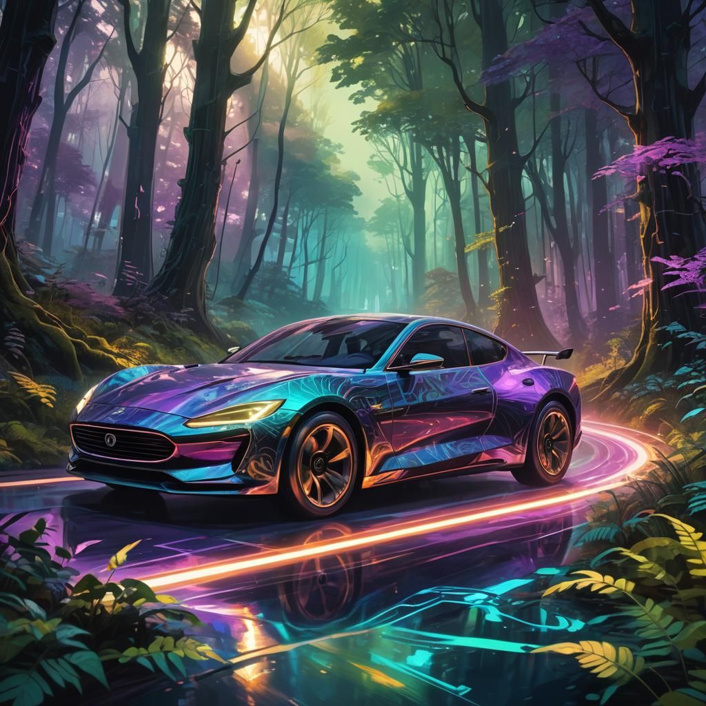 Futuristic Car Speeds Through Mystical Forest