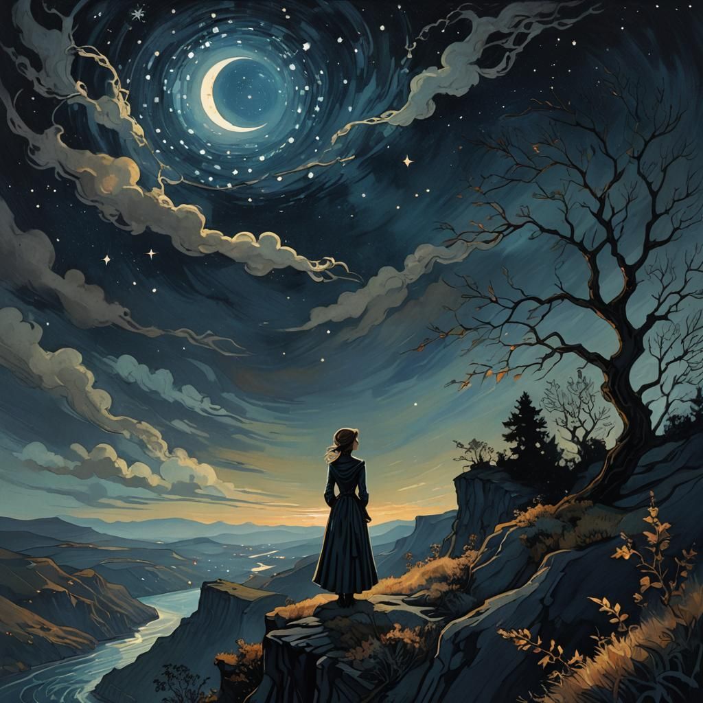 Victorian Woman Gazing at Starry Night in Fantasy Art