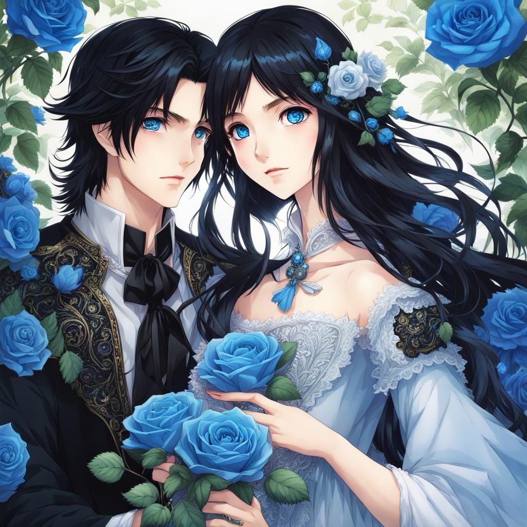 Anime Blue-Eyed Pair in Fantasy Rose Garden