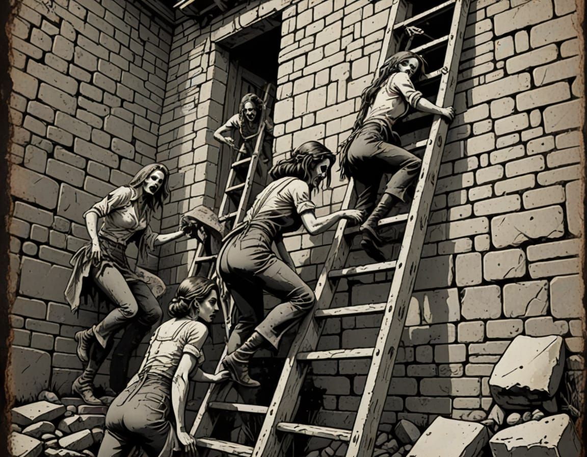 Grunge Zombie Pin-Ups Ascend Stone Wall