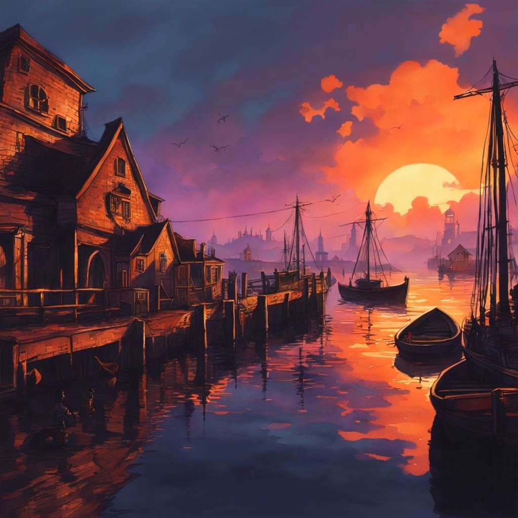 Surreal Sunset on a Lake Town in Vibrant Colors