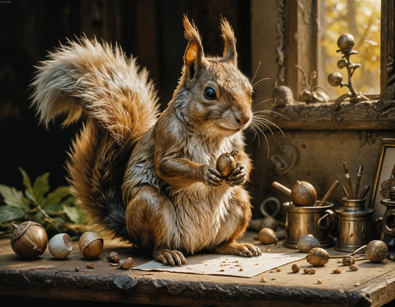 Squirrel Paints Portrait: Marble Statue in Rackham Style