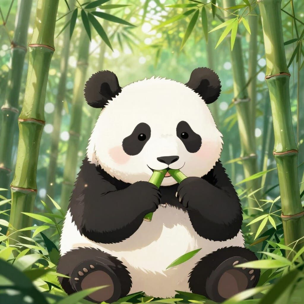 Adorable Panda Eating Bamboo in Vibrant Forest