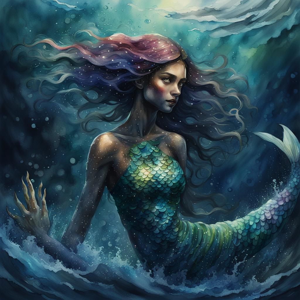 Moody Watercolor Mermaid in a Deep Ocean