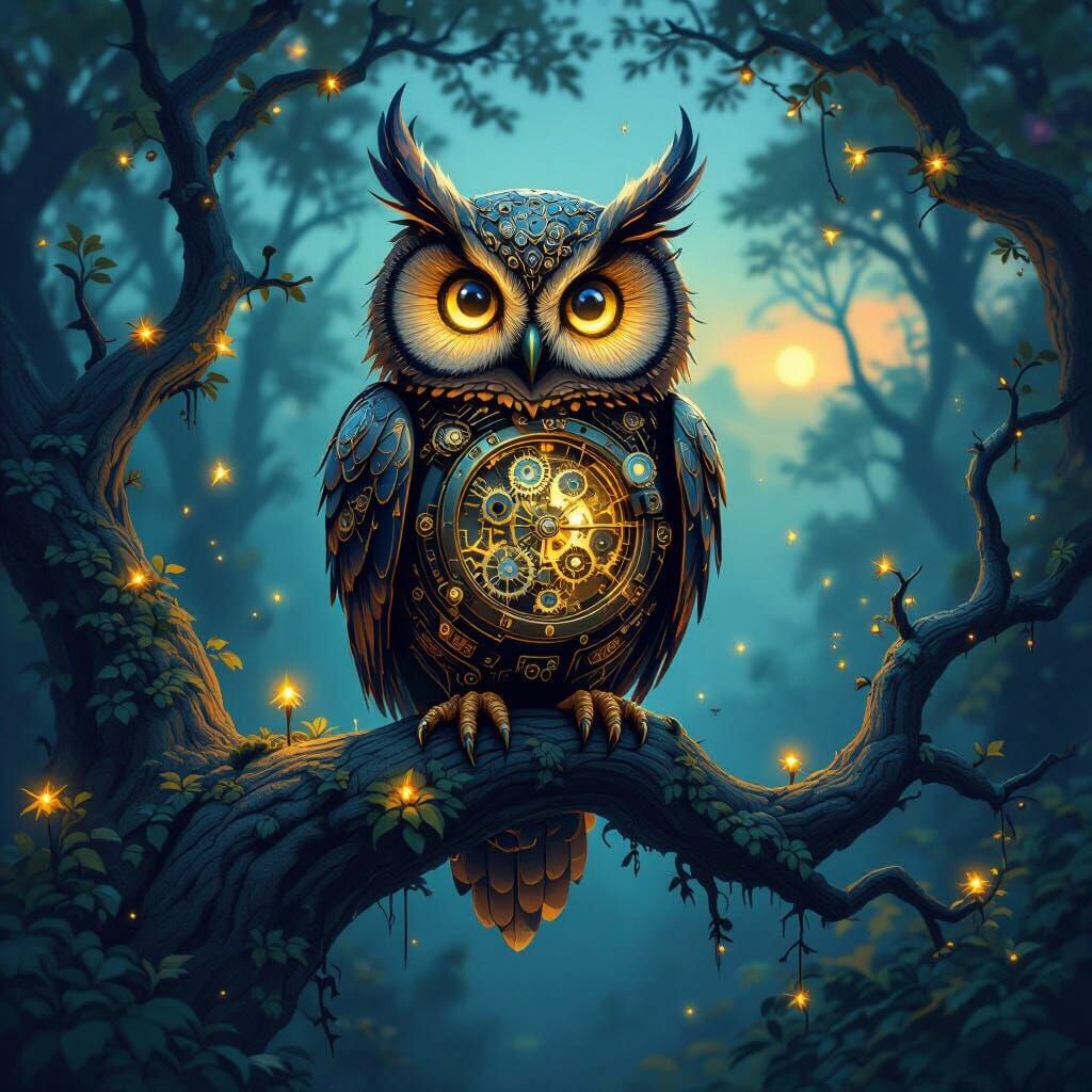 Clockwork Owl in Bioluminescent Forest
