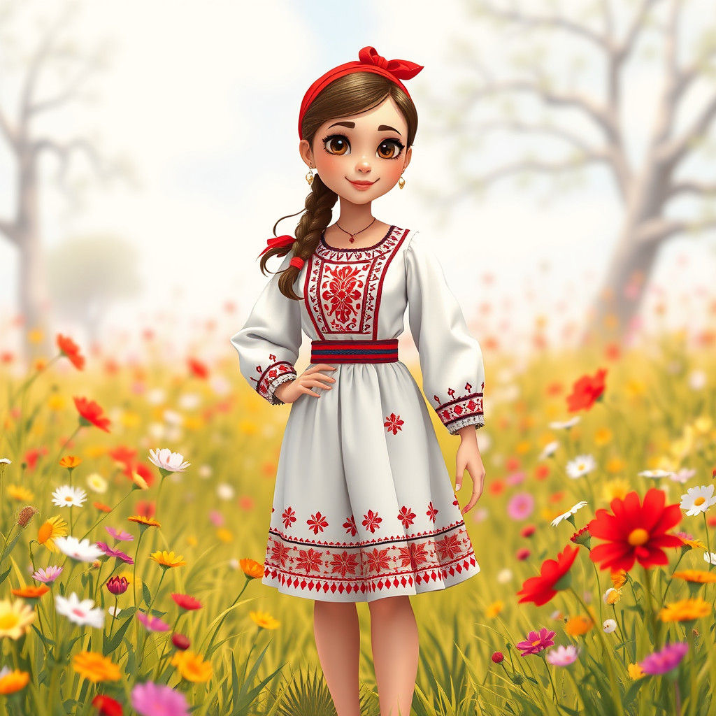Cartoon Woman in Traditional Romanian Folk Costume