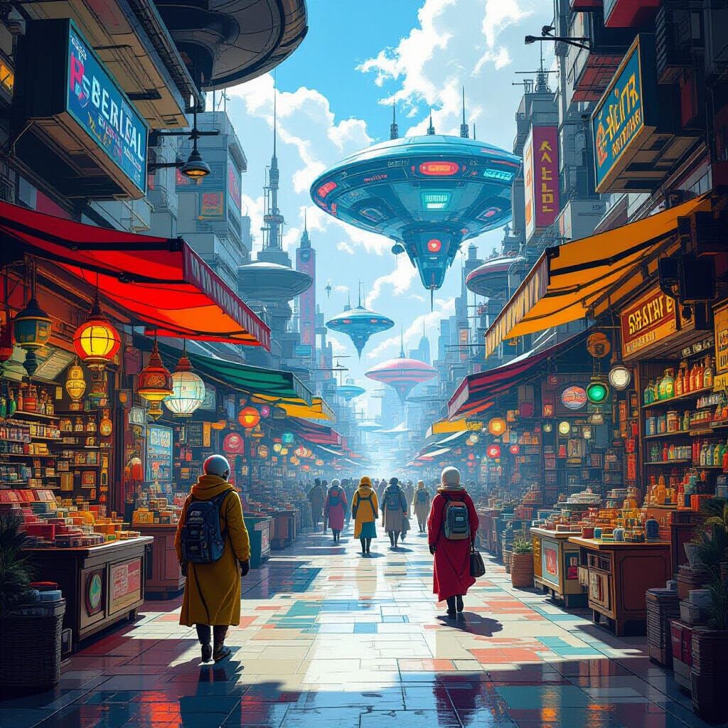 Exotic Alien Marketplace in Retro-Futuristic Style
