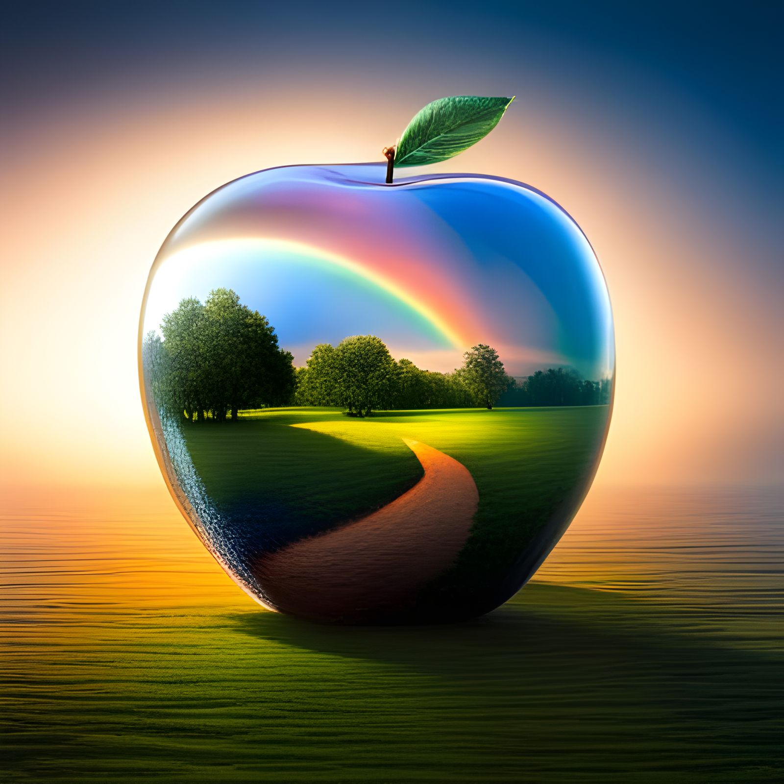 Rainbow Lit Glass Apple on Lush Island