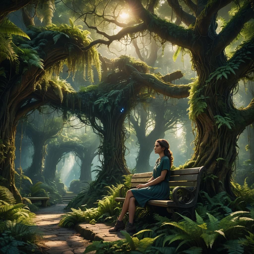 Lush Greenery Scene with Girl on Bench