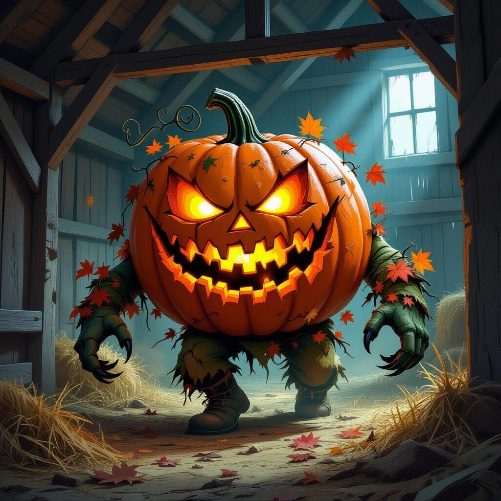 Sinister Jack-o'-Lantern Prowls Crumbling Barn